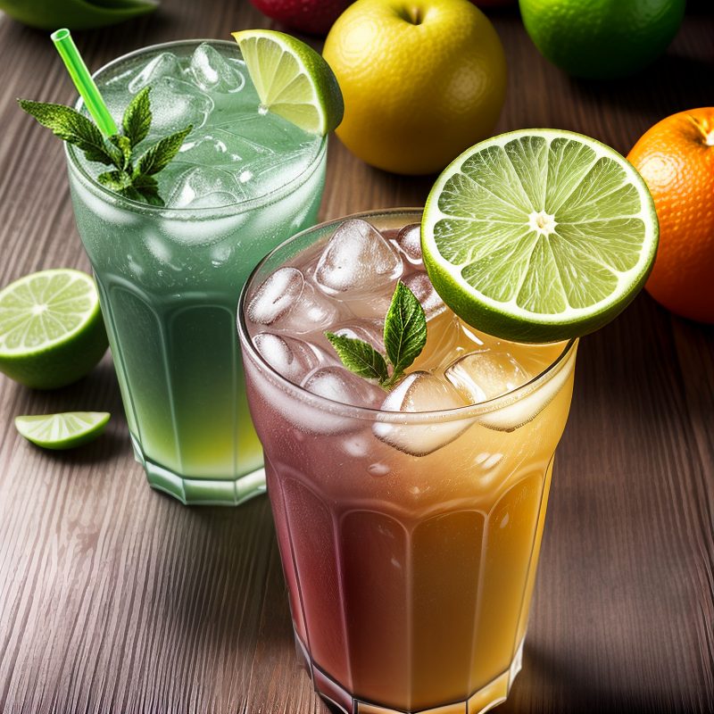 Boissons pizza motors 974 Verre de boissons avec citron, paille, glaçon et feuille de menthe, sur une table avec d'autres fruits.